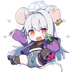  animal_ears asymmetrical_legwear black_socks black_thighhighs blue_archive blue_shorts blush ear_tag female full_body grey_hair halo highres hufy jacket kneehighs long_hair mismatched_legwear mouse_ears mouse_tail navel official_alternate_costume open_clothes open_fly open_jacket open_mouth purple_jacket red_eyes saya_(blue_archive) saya_(casual)_(blue_archive) shorts simple_background single_kneehigh single_sock single_thighhigh smile socks solo tail thighhighs uneven_legwear white_background 