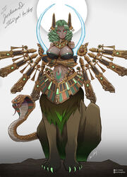  an-chang ankh areola_slip bare_shoulders blue_eyes body_markings breasts centauroid chimera claws cleavage closed_mouth commentary_request commission covered_nipples crossed_arms curly_hair dark-skinned_female dark_skin facial_mark female full_body gauntlets green_hair headgear highres large_breasts long_hair looking_at_viewer mane mecha_musume mechanical_ears mechanical_wings monster_girl navel original parted_bangs parted_lips sitting skeb_commission smile snake solo sphinx stomach taur thank_you usekh_collar wings 