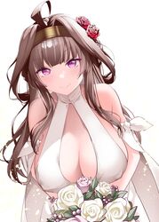  ahoge bouquet breasts brown_hair cleavage double_bun dress female flower gold_hairband hair_bun hair_flower hair_ornament hairband highres kantai_collection kirigakure_(kirigakure_tantei_jimusho) kongou_(anniversary)_(kancolle) kongou_(kancolle) large_breasts leaning_forward official_alternate_costume purple_eyes red_flower red_rose rose simple_background solo white_background white_dress white_flower white_rose 