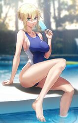  :o ahoge artoria_pendragon_(fate) artoria_pendragon_(lancer)_(fate) bare_arms bare_legs bare_shoulders barefoot blue_one-piece_swimsuit blurry blurry_background braid braided_bun breasts collarbone competition_swimsuit day depth_of_field fate/grand_order fate_(series) female food hair_bun hair_intakes highres holding holding_food impossible_clothes impossible_swimsuit large_breasts md5_mismatch one-piece_swimsuit open_mouth outdoors pool poolside popsicle sidelocks sitting soaking_feet solar_(happymonk) solo swimsuit water 