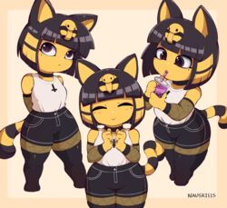  alternate_hair_color animal_crossing animal_ears ankha_(animal_crossing) artist_name black_hair black_shorts black_thighhighs bubble_tea closed_eyes commentary cross cup drink drinking_straw english_commentary female fishnet_pantyhose fishnet_sleeves fishnets highres holding holding_cup inverted_cross multiple_views nauskills pantyhose shirt short_shorts shorts simple_background sleeveless socks_over_fishnets tail thighhighs watermark white_shirt 