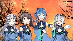  4girls amane_kanata angel axe bare_tree blue_dress blue_hair blue_sleeves blunt_bangs closed_eyes cosplay detached_sleeves dress feathered_wings flat_chest golden_axe_(weapon) grey_hair halo hat holding holding_axe hololive hoshimachi_suisei long_hair looking_at_viewer multicolored_hair multiple_girls murasaki_shion natsuiro_matsuri one_side_up open_mouth pink_hair short_hair side_ponytail smile streaked_hair tenbin_gashira tree upper_body uruha_rushia uruha_rushia_(1st_costume) uruha_rushia_(cosplay) virtual_youtuber wings yellow_eyes 