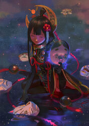  black_hair bodystocking chinese_commentary commentary crescent crescent_hair_ornament emg_(christain) female flower fox_mask galaxy glowing hair_flower hair_ornament holding mask menreiki noh_mask onmyoji red_eyes reflection sitting solo topknot water yokozuwari 