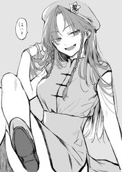  beret braid breasts china_dress chinese_clothes dress ear_piercing female greyscale hat hat_ornament highres hong_meiling long_hair mandarin_collar monochrome piercing protected_link risui_(suzu_rks) sleeveless sleeveless_dress star_(symbol) star_hat_ornament touhou translated twin_braids 