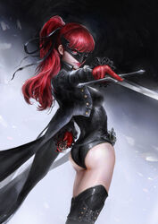  ass black_jacket black_leotard black_thighhighs chain_belt coattails commentary cropped_jacket english_commentary female frilled_sleeves frills gloves hair_ribbon highres holding holding_sword holding_weapon jacket leotard looking_at_viewer mask persona persona_5 persona_5_the_royal photoshop_(medium) pointing_sword pointing_weapon ponytail red_eyes red_gloves red_hair ribbon solo sword thedurianart thighhighs weapon yoshizawa_kasumi 