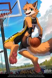  4_toes anthro ball barefoot basketball_(ball) basketball_net black_bottomwear black_clothing black_pants black_topwear blue_sky bottomwear brown_body brown_fur canid canine claws clothed clothing cloud countershading feet fox full-length_portrait fur glistening glistening_eyes green_eyes hi_res male male_anthro mammal open_mouth open_smile orange_body orange_fur outside pants pawpads paws penguinexperience pink_pawpads plant portrait signature sky smile solo tan_body tan_fur text three-quarter_view toe_claws toes topwear tree urban url yellow_bottomwear yellow_clothing yellow_pants yellow_topwear 