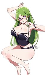  arm_up bare_shoulders barefoot black_panties blush bracelet breasts cleavage closed_mouth collarbone commentary_request crop_top female full_body glasses green_hair jewelry large_breasts legs long_hair looking_at_viewer megami-ryou_no_ryoubo-kun panties parted_bangs purple_eyes red-framed_eyewear relaxjon signature simple_background sitting smile solo underwear wachi_mineru white_background 