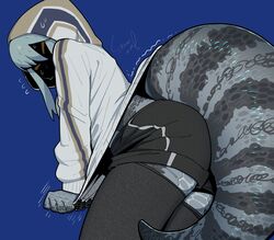  =_= black_shorts blue-tongued_skink blue-tongued_skink_(sparrowl) blue_background claws colored_skin commentary_request female fine_fabric_emphasis flying_sweatdrops from_side grey_hair grey_skin grey_thighhighs gym_shorts highres hood hood_up hoodie hoodie_pull korean_commentary large_tail leaning_forward lifted_by_tail lizard_tail long_sleeves monster_girl multicolored_skin original reptile_girl scales shorts signature simple_background solo sparrowl standing struggling tail thighhighs trembling two-tone_skin undersized_clothes 