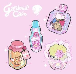  bottle candle character_name cherrim cherrim_(sunshine) cherubi combee commentary gardenia_(pokemon) glass honey jar label leaphere perfume_bottle pink_background pokemon pokemon_dppt roserade shaymin shaymin_(land) simple_background sparkle themed_object 