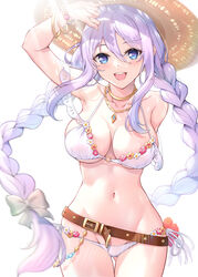  :d absurdres arm_up armpits ass_visible_through_thighs belt bikini blue_bow blue_eyes blue_hair blush bow braid breasts brown_belt collarbone commentary cowboy_shot female flower_trim hair_between_eyes hairbow hat highres jewelry large_breasts light_purple_hair light_rays long_hair looking_at_viewer loose_belt micro_bikini multicolored_hair navel necklace o-ring o-ring_bikini o-ring_top open_mouth princess_connect! purple_hair shizuru_(princess_connect!) shizuru_(summer)_(princess_connect!) side-tie_bikini_bottom simple_background smile solo stomach straw_hat streaked_hair sun_hat swimsuit twin_braids very_long_hair white_background white_bikini xin_(zinc) 