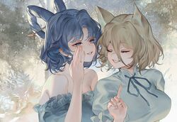  2girls animal_ears bare_shoulders blonde_hair blue_dress blue_eyes blue_hair blue_ribbon breasts closed_eyes commentary_request dress fox_ears fox_girl grey_shirt grin hair_ornament hair_rings hair_stick hand_up highres kaku_seiga kudamaki_tsukasa large_breasts multiple_girls neck_ribbon off-shoulder_dress off_shoulder parted_lips pointy_hair reeh_(yukuri130) ribbon shirt short_hair smile touhou upper_body white_dress 