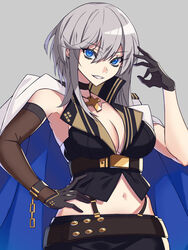  azur_lane bad_id bad_pixiv_id black_gloves blue_eyes breasts choker cleavage cowboy_shot crop_top cross cross_choker cross_necklace elbow_gloves female gloves grey_hair half_gloves hand_on_own_hip hand_up highres jacket jacket_on_shoulders jewelry long_bangs midriff military military_jacket military_uniform mole mole_on_breast navel necklace ouka_(sakura_oinari) shirt short_hair simple_background single_elbow_glove sleeveless sleeveless_shirt uniform washington_(azur_lane) white_jacket wrist_straps 