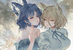  2girls animal_ears bare_shoulders blonde_hair blue_dress blue_eyes blue_hair blue_ribbon breasts commentary_request dress fox_ears fox_girl glaring grey_shirt hair_ornament hair_rings hair_stick hand_up highres kaku_seiga kudamaki_tsukasa large_breasts looking_at_viewer multiple_girls neck_ribbon off-shoulder_dress off_shoulder parted_lips pointy_hair reeh_(yukuri130) ribbon shirt short_hair touhou upper_body white_dress 