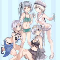  4girls bikini bikini_skirt black_ribbon blue_eyes braid breasts commentary_request flat_chest green_bikini grey_hair hachimaki hair_between_eyes hair_ribbon hair_tie hairband hat headband highres jacket kantai_collection kasumi_(kancolle) kasumi_kai_ni_(swimsuit_mode)_(kancolle) large_breasts long_hair medium_breasts microskirt mole mole_under_eye multiple_girls navel one_side_up parted_bangs pleated_skirt ribbon sailor_bikini sailor_collar sailor_hat sandals short_hair side_ponytail single_braid skirt striped striped_background sugue_tettou suzutsuki_(kancolle) suzutsuki_(swimsuit_mode)_(kancolle) swimsuit tupet umikaze_(kancolle) umikaze_(swimsuit_mode)_(kancolle) unworn_jacket vertical_stripes very_long_hair white_bikini white_hair white_hairband white_sailor_collar yellow_eyes z1_leberecht_maass_(kancolle) z1_leberecht_maass_(swimsuit_mode)_(kancolle) 