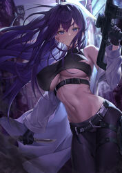  absurdres bare_shoulders belt black_belt black_gloves black_hair black_pants black_shirt blue_archive blue_eyes blue_hair breasts buckle cameltoe closed_mouth crop_top female gloves gun hair_between_eyes halo highres holding holding_gun holding_knife holding_weapon knife knife_sheath large_breasts long_hair long_sleeves looking_at_viewer midriff navel no_mask off_shoulder pants pengrani purple_eyes purple_hair saori_(blue_archive) sheath shirt sig_516 sleeveless sleeveless_shirt snap-fit_buckle solo standing stomach underboob very_long_hair weapon 