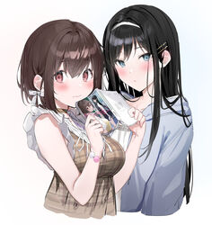  2girls bangs black_hair blue_eyes blue_jacket blush bow bracelet breasts brown_choker brown_hair brown_skirt choker closed_mouth commentary_request dress eyebrows_visible_through_hair hair_ornament hairband hairbow hairclip hands_up highres holding_manga hood hood_down hooded_jacket jacket jewelry long_hair looking_at_viewer manga_(object) medium_breasts mole mole_under_eye multiple_girls novel_illustration official_art open_clothes open_jacket original plaid plaid_dress red_eyes shirt short_hair simple_background skirt sleeveless sleeveless_dress straight_hair tareme upper_body white_background white_bow white_hairband white_shirt xretakex 