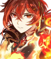  1boy bad_id bad_twitter_id close-up closed_mouth diluc_(genshin_impact) fire fractalmagnolia genshin_impact hair_between_eyes korean_commentary long_hair looking_at_viewer male_focus ponytail red_eyes red_hair simple_background solo white_background 