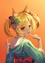  ahoge animal_ear_fluff animal_ears arknights bare_shoulders blonde_hair blush bow dddsunsky female finger_to_mouth finger_to_tongue flower gradient_background green_flower green_rose hair_flower hair_ornament hairbow hands_up highres japanese_clothes kimono looking_at_viewer looking_back oerba_yun_fang open_mouth orange_background purple_bow red_bow red_eyes rose short_hair sidelocks solo sora_(arknights) teeth tongue tongue_out twintails upper_teeth_only wolf_ears 