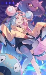  :d aqua_hair bellibolt big_hair bike_shorts character_hair_ornament commentary_request eyelashes female hair_ornament highres iono_(pokemon) jacket knees long_hair long_sleeves looking_at_viewer mismagius multicolored_hair open_mouth pink_eyes pink_hair pokemon pokemon_(creature) pokemon_sv shioha single_leg_pantyhose sleeves_past_fingers sleeves_past_wrists smile teeth thigh_strap tongue two-tone_hair upper_teeth_only yellow_jacket 