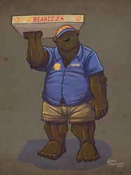  2016 anthro barry_the_pizza_bear bear belly big_belly black_nose bottomwear brown_body clothing container delivery_(commerce) food_delivery hat headgear headwear hi_res humanoid_hands k-9 male mammal overweight overweight_male pizza_box pizza_delivery shirt shorts solo topwear 