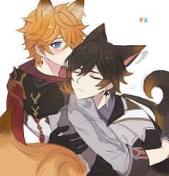  2boys animal_ears black_gloves black_hair blue_eyes blush brown_hair cat_ears cat_tail closed_eyes closed_mouth covering_own_mouth earrings fox_boy fox_ears fox_tail fractalmagnolia genshin_impact gloves hair_between_eyes hug jewelry kemonomimi_mode long_hair male_focus multicolored_hair multiple_boys orange_hair ponytail protected_link simple_background single_earring tail tartaglia_(genshin_impact) tassel tassel_earrings zhongli_(genshin_impact) 