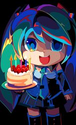  absurdres birthday birthday_cake black_background black_skirt black_sleeves black_thighhighs blue_eyes blue_hair blue_necktie cake candle cel_shading commentary cosplay cream detached_sleeves eye_reflection feet_out_of_frame female food fruit grey_shirt hatsune_miku highres holding holding_cake holding_food kasaki_sakura kigurumi looking_at_viewer mikudayoo miniskirt necktie pleated_skirt reflection shirt skirt sleeveless sleeveless_shirt smile solo straight-on strawberry strawberry_cake teeth thighhighs twintails upper_teeth_only vocaloid 