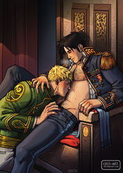  2boys bara bare_pectorals black_hair black_jacket black_pants blonde_hair blush chest_hair closed_eyes closed_mouth collared_shirt couple cris_art crotch_grab green_jacket hairy hulkling indoors jacket kissing_stomach male_focus marvel multiple_boys navel_hair nipples open_clothes open_jacket open_shirt pants pectorals shirt short_hair sideburns sitting smile throne white_shirt wiccan yaoi 