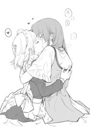  2girls apron braid china_dress chinese_clothes closed_eyes couple dress earrings greyscale hand_on_another&#039;s_back hand_on_another&#039;s_head heart hong_meiling hug izayoi_sakuya jewelry kissing long_hair maid maid_apron maid_headdress monochrome multiple_girls mutual_hug no_headwear protected_link risui_(suzu_rks) spoken_heart stud_earrings touhou twin_braids yuri 