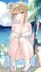  absurdres alcohol ass bare_legs bare_shoulders beach bikini blonde_hair blue_eyes blue_hairband blue_jacket bottle breasts chinese_commentary cleavage collarbone commentary_request day feet female frilled_bikini frills girls&#039;_frontline gun hair_bun hair_ornament hairband halterneck hand_on_own_chest highres ice_bucket jacket jyt large_breasts legs long_hair off_shoulder official_alternate_costume one_side_up open_clothes open_jacket outdoors revision sandals sidelocks single_side_bun smile snowflake_hair_ornament solo spaghetti_strap squatting submachine_gun suomi_(girls&#039;_frontline) suomi_(midsummer_pixie)_(girls&#039;_frontline) suomi_kp/-31 swimsuit thighs toes vodka weapon white_bikini 