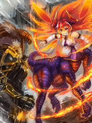  2girls adela_the_beast armor bare_shoulders black_armor braid breasts brown_hair centauroid claws colored_skin commentary_request cowboy_shot death_dragon_princess_dea detached_sleeves detached_wings dragon_claw dragon_girl dragon_horns dragon_tail dress edobox extra_mouth fire floating floating_hair full_armor full_body grey_skin grin hair_between_eyes horns large_breasts looking_at_another monster_girl multiple_girls open_mouth pixiv_fantasia pixiv_fantasia_last_saga pointy_ears purple_dress red_eyes red_hair side_ponytail sideboob sidelocks sleeveless sleeveless_dress smile standing tail taur teeth white_dress white_sleeves wings 