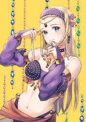  absurdres blonde_hair blue_eyes breasts c-diamond dancer&#039;s_costume_(dq) dragon_quest dragon_quest_xi female highres jewelry long_hair medium_breasts navel senya_(dq11) simple_background smile solo yellow_background 