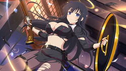  black_gloves black_hair black_jacket black_skirt breasts cleavage female fingerless_gloves floating_hair game_cg garter_straps gloves grey_pantyhose gun halo highres holding holding_gun holding_shield holding_weapon indoors jacket large_breasts long_hair midriff miniskirt navel pantyhose ryouki_(senran_kagura) senran_kagura senran_kagura_new_link shield skirt solo standing stomach straight_hair torn_clothes torn_jacket torn_pantyhose torn_skirt very_long_hair weapon 