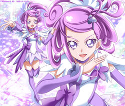  arm_warmers bishie_sparkle boots breasts brooch choker collarbone commentary_request cure_sword dated dokidoki!_precure earrings female forehead frills full_body hair_ornament hanzou heart heart_brooch high_ponytail highres jewelry kenzaki_makoto magical_girl open_mouth precure purple_arm_warmers purple_background purple_choker purple_eyes purple_footwear purple_hair purple_skirt ribbon skirt small_breasts smile solo spade_(shape) spade_earrings spade_hair_ornament sparkle_background thigh_boots thighhighs twitter_username 