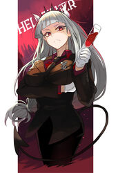  alcohol arm_under_breasts ashita_(2010) black_jacket black_necktie black_pants black_tail breasts business_suit closed_mouth collared_shirt copyright_name cup demon_girl demon_horns demon_tail drinking_glass expressionless female formal gloves grey_hair hair_ornament helltaker highres horns jacket large_breasts long_hair long_sleeves looking_to_the_side low-tied_long_hair lucifer_(helltaker) mole mole_under_eye necktie pants red_eyes red_shirt shirt solo suit tail white_gloves white_horns wine wine_glass 