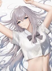  arms_up blue_eyes bow bowtie crop_top female grey_hair hair_spread_out highres long_hair looking_at_viewer lying midriff navel on_back original parted_lips raku_(clearpage) shirt short_sleeves solo stomach white_shirt 