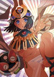  ancient_princess_menace arm_up ass_visible_through_thighs black_hair blue_eyes blunt_bangs breasts commentary_request crown egyptian_clothes female groin hayasaka headgear jewelry knee_up large_breasts looking_at_viewer menace_(queen&#039;s_blade) navel open_mouth outstretched_arm panties pelvic_curtain queen&#039;s_blade revealing_clothes ring sandals scepter setra shawl short_hair striped_clothes striped_panties thighs toned underboob underwear 