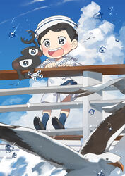  1boy :d absurdres alternate_costume aooni bird black_footwear black_hair blue_legwear blush bojji cloud commentary contemporary day happy hat highres kage_(ousama_ranking) long_sleeves male_focus open_mouth ousama_ranking outdoors sailor sailor_collar shirt shoes short_hair shorts sky smile socks sparkle standing symbol-only_commentary teeth tongue upper_teeth_only water_drop white_headwear white_shirt white_shorts 