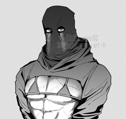  1boy abs absurdres artist_name bikini call_of_duty call_of_duty:_modern_warfare_2 covered_face crop_top cropped_hoodie film_grain grey_background grey_eyes greyscale highres hood hood_down hoodie konig_(call_of_duty) korean_commentary long_sleeves looking_at_viewer male_focus micro_bikini milk_meat03 monochrome muscular muscular_male pectorals scar scar_on_chest scar_on_stomach shrug_(clothing) simple_background solo spot_color swimsuit twitter_username upper_body watermark 