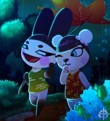  absurd_res animal_crossing anthro blush clothed clothing detailed_background digital_media_(artwork) duo female gaiki genji_(animal_crossing) hi_res lagomorph leporid male mammal nintendo open_mouth pekoe_(animal_crossing) raining smile 