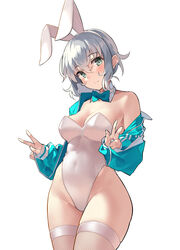  animal_ears aqua_jacket bare_shoulders blush breasts cleavage commentary_request covered_navel detached_collar double_w fake_animal_ears female fishnet_thighhighs fishnets green_eyes grey_hair hair_between_eyes highleg highleg_leotard highres jacket kekemotsu large_breasts leotard long_sleeves looking_at_viewer off_shoulder open_clothes open_jacket original playboy_bunny rabbit_ears short_hair simple_background skindentation sleeves_past_wrists smile solo thighhighs thighs w white_background white_leotard white_thighhighs wide_hips 