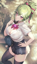  alternate_costume arataki_itto black_bra black_skirt black_thighhighs blurry blurry_background bow bowtie bra bra_peek breasts cleavage collared_shirt commentary_request cowboy_shot dress_shirt female genshin_impact green_hair hand_on_own_hip hand_up highres kuki_shinobu large_breasts looking_at_viewer mask mask_pull matsumoto_mitsuaki medium_hair miniskirt mouth_mask parted_lips partially_unbuttoned plaid plaid_skirt pleated_skirt ponytail purple_eyes red_bow red_bowtie school_uniform shirt shirt_tucked_in short_ponytail short_sleeves sidelocks skirt solo thighhighs thighs underwear white_shirt 