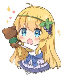  :o ahoge arms_up blonde_hair blush cape chibi commentary_request dress female food-themed_hair_ornament grape_hair_ornament green_cape hair_ornament heart highres iris_(konosuba) kono_subarashii_sekai_ni_shukufuku_wo! layered_dress long_hair long_sleeves sitting solo sparkle star_(symbol) star_in_eye stuffed_animal stuffed_toy symbol_in_eye teddy_bear white_background yuno_(suke_yuno) 