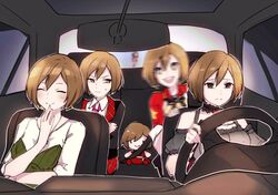  25-ji_meiko 25-ji_nightcord_de._(project_sekai) 5girls ^_^ blurry blurry_background brown_eyes brown_hair car car_interior character_doll closed_eyes commentary doll driving earrings english_commentary furrowed_brow hand_up jewelry leo/need_(project_sekai) leo/need_meiko meiko_(vocaloid) motion_blur motor_vehicle multiple_girls multiple_persona pout project_sekai seatbelt shaking short_hair smile steering_wheel stuffed_toy vivid_bad_squad_(project_sekai) vivid_bad_squad_meiko vocaloid wonderlands_x_showtime_(project_sekai) wonderlands_x_showtime_meiko yen-mi 