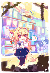  ? aged_down animal_ears blonde_hair commentary digitigrade dragon_girl dragon_horns dragon_tail english_commentary highres horns leggings levia_(modern_mogal) lolicon modern_mogal no_shoes red_eyes shepherd0821 skirt spoken_question_mark tail toeless_legwear toy unworn_blouse 