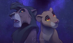  5:3 black_hair blue_eyes canon_couple detailed_background disney duo felid female feral hair kiara_(the_lion_king) kovu_(the_lion_king) kyander lion male mammal night open_mouth outside pantherine red_eyes sky star starry_sky teeth the_lion_king tongue whiskers yellow_sclera 