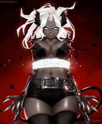  abs artist_name belt black_horns black_thighhighs breasts chains cleavage dark-skinned_female dark_skin demon_girl demon_tail easonx female helltaker horns judgement_(helltaker) large_breasts lips looking_at_viewer muscular muscular_female navel patreon_username photoshop_(medium) smile solo tail thighhighs variant_set white_eyes white_hair 