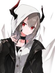  absurdres arknights black_coat brown_hair buttons closed_mouth coat collar female head_tilt highres hood hooded_jacket horns_through_hood infection_monitor_(arknights) jacket long_sleeves looking_at_viewer material_growth open_clothes open_coat oripathy_lesion_(arknights) red_eyes short_hair solo upper_body vulcan_(arknights) white_jacket yonagi_white 