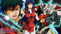  1990s_(style) 1boy aiba_takaya armor black_hair breasts female glowing highres holding holding_weapon kisaragi_aki long_hair nolia power_armor retro_artstyle scar tekkaman_blade tekkaman_blade_(character) weapon 