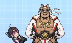  1boy animal_ears bara bare_pectorals bear_ears commentary_request cowboy_shot crowne_(live_a_hero) dark-skinned_male dark_skin deformed facial_hair fake_animal_ears female goatee holding holding_microphone jewelry large_belt live_a_hero long_coat microphone minna_no_rhythm_tengoku muscular muscular_male navel necklace pectorals polaris_mask_(live_a_hero) pout rhythm_tengoku sdz_(inazuma) wrestling_mask wrestling_outfit 