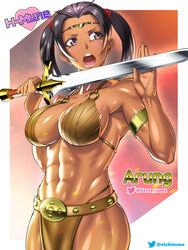  abs armlet armor arung_samudra_(cessa) belt belt_buckle bikini bikini_armor black_hair borrowed_character breasts brown_bikini buckle circlet cleavage collarbone commentary cosplay dark-skinned_female dark_skin english_commentary etchimune female fingernails he-man he-man_(cosplay) holding holding_sword holding_weapon large_breasts loincloth masters_of_the_universe muscular muscular_female navel o-ring o-ring_top obliques oiled ombok_diving_and_delivery_services open_mouth purple_eyes shiny_skin short_hair short_twintails solo studded_belt swimsuit sword sword_of_power teeth thick_thighs thighs twintails upper_body upper_teeth_only w_arms weapon 